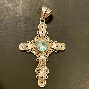 Sterling Silver Cross Pendant with Blue Topaz Gemstone